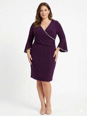 NWT Glamour Nights Plum Wrap Dress Size 16 Rhinestone Trim Bell Sleeve